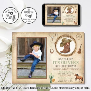 Editable Cowboy Birthday Invitation, Cowboy Invitation, First Rodeo Invitation, 4x6 & 5x7