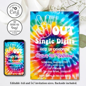 Editable Peace Out Single Digits Invitation, Tie Dye Birthday Invitation, 4x6 & 5x7