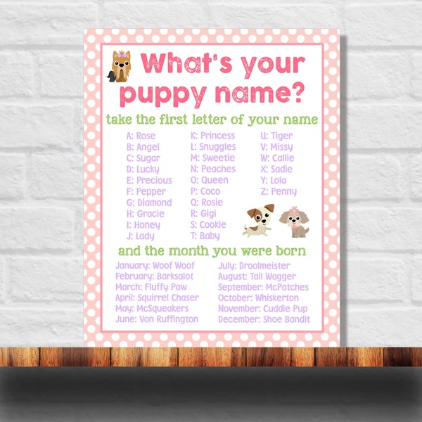 What's Your Puppy Name Printable, Girl Puppy Name Game, Puppy Birthday Party, Instant Download