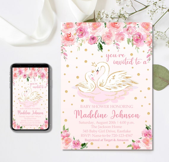 Editable Swan Princess Baby Shower Invitation Girl Baby Etsy