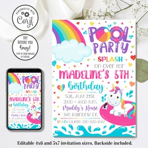 Editable Unicorn Pool Party Invitation, Pool Party Birthday Invitation, 4x6 & 5x7