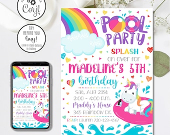 Unicorn Pool Party Birthday Invitation Template, Editable Swim Party Invite