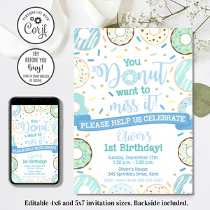 Editable Boy Donut Invitation, Donut Miss It Invitation, Donut Birthday, 4x6 & 5x7