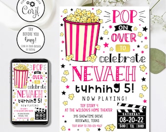 May include: A pink and black printable invitation for a 5th birthday party with a movie theme. The invitation features a cartoon popcorn bucket and the text "Pop on over to celebrate Nevaeh turning 5!"  The invitation also includes the text "Now Playing! Toy Story 4 at the Wilson's Home Theatre, 345 Showtime Drive, Rockwall, Texas. Text RSVP to 720-123-4567. Saturday, 08-20-22, 5:00 til 8:00."
