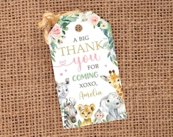 May include: A pink and gold thank you tag with a floral border and a jungle animal theme. The text reads "A Big Thank You for Coming xoxo, Amelia".