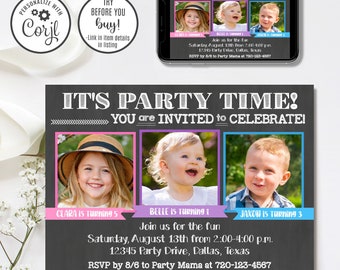 May include: A chalkboard style birthday party invitation with a pink, purple, and blue color scheme. The invitation features three photos of children, with the text "IT'S PARTY TIME! YOU are INVITED to CELEBRATE!" at the top. The invitation includes the children's names, ages, and the date and time of the party. The text "RSVP by 8/6 to Party Mama at 720-123-4567" is included at the bottom.