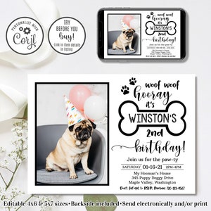 Convite editável para cachorro, convite para aniversário de cachorro, convite para filhote de cachorro, 4x6 e 5x7