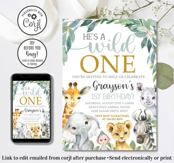 Editable Safari Birthday Invitation, Boy Wild One Invitation, Jungle Animals Invitation, Boy 1st Birthday Invitation, 4x6 & 5x7