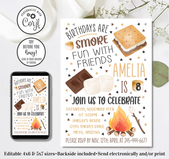 Editable Smores Birthday Invitation, S'mores Invitation, Bonfire Invitation, Camping Invitation, 4x6 & 5x7