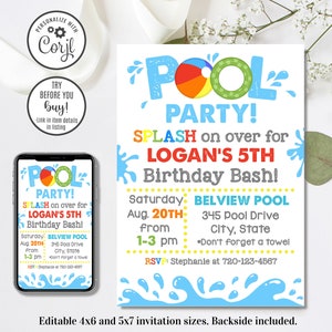 Bearbeitbare Pool-Party-Einladung, Pool-Party-Geburtstags-Einladung, 4x6 & 5x7