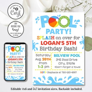 Editable Pool Party Invitation, Pool Party Birthday Invitation, 4x6 & 5x7