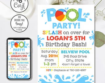 Peut inclure: Modèle d'invitation éditable 4x6 et 5x7 pour une fête à la piscine. L'invitation présente un thème de fête à la piscine bleu, vert et jaune avec le texte "Pool Party!" et "Splash on over for Logan's 5th Birthday Bash!" L'invitation comprend la date, l'heure et le lieu de la fête.