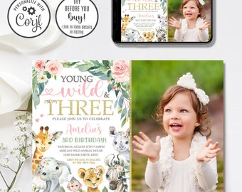 Young Wild and Three Birthday Invitation Template, Editable 3rd Birthday Invite