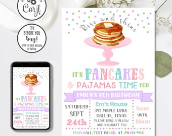 May include: A pink and purple invitation for an 8th birthday party with a pancake theme. The invitation says "It's Pancakes & Pajamas Time for Emily's 8th Birthday". The invitation includes the date, time, and location of the party. The invitation also includes a picture of a stack of pancakes on a pink plate.