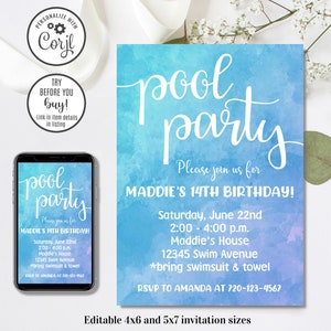 Editable Pool Party Invitation, Pool Party Birthday Invitation, 4x6 & 5x7