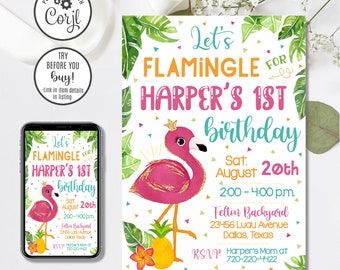Flamingo Birthday Invitation Template, Editable Flamingle Invite