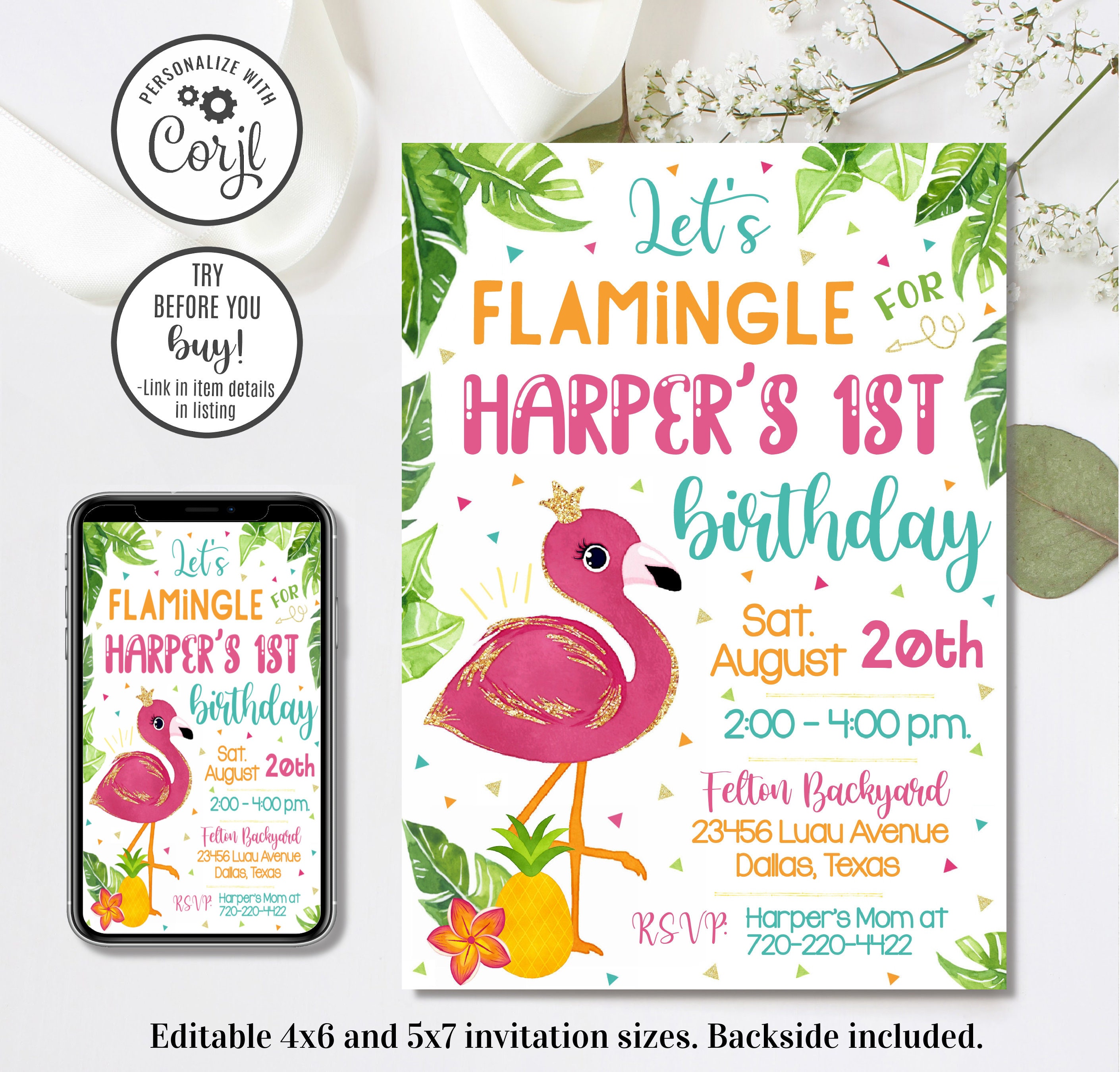 Editable Flamingo Birthday Invitation Lets Flamingle Flamingo Invitation 4x6 5x7