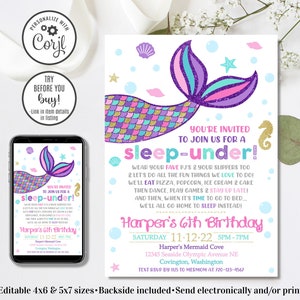 May include: A mermaid tail with pink, purple, and teal scales is featured on a printable invitation for a sleep-under party. The invitation says "You're invited to join us for a sleep-under!" and includes details for Harper's 6th birthday party. The party is on Saturday, November 12, 2022, from 5:00 PM to 7:00 PM at Harper's Mermaid Cove. The address is 12345 Seaside Olympic Avenue NE, Covington, Washington. RSVP by November 5th to 720-123-4567.