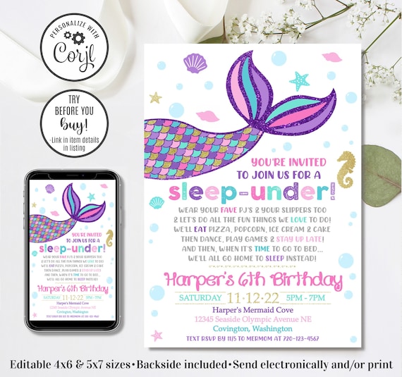 Mermaid Sleepover Invitation Template, Editable Sleep Under Invite (Instant Download)