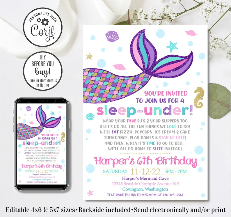 May include: A mermaid tail with pink, purple, and teal scales is featured on a printable invitation for a sleep-under party. The invitation says "You're invited to join us for a sleep-under!" and includes details for Harper's 6th birthday party. The party is on Saturday, November 12, 2022, from 5:00 PM to 7:00 PM at Harper's Mermaid Cove. The address is 12345 Seaside Olympic Avenue NE, Covington, Washington. RSVP by November 5th to 720-123-4567.