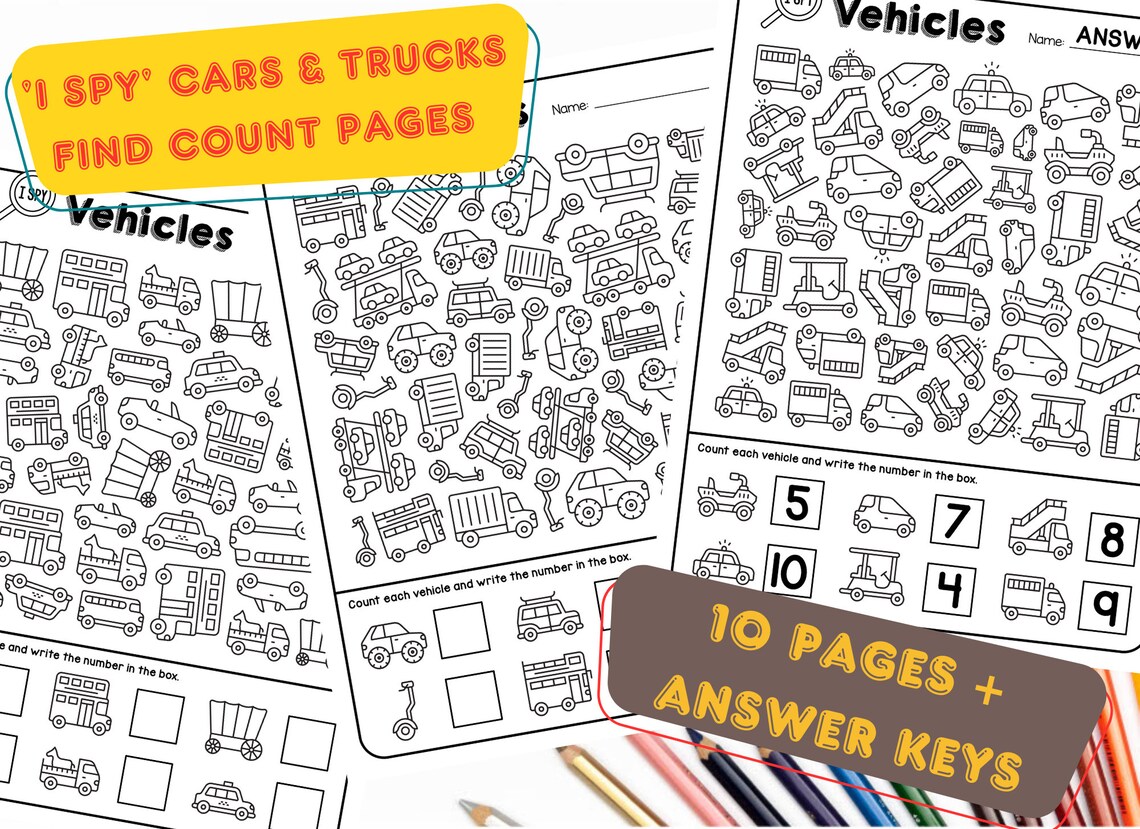Digital Printable 'I Spy' Cars and Trucks Find & Count Pages PDF | Cars ...