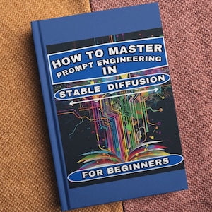 Op de afbeelding: Een blauw boek met de titel "HOW TO MASTER PROMPT ENGINEERING IN STABLE DIFFUSION FOR BEGINNERS". De omslag heeft kleurrijke digitale kunst en witte tekst. Het boek ligt op een getextureerd oppervlak.