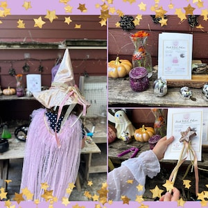 May include: A child dressed as a witch wearing a pink and gold hat and a pink tulle cape. The child is standing in front of a table with Halloween decorations, including pumpkins, a ghost, and a sign that says "Pink Witch Potion".