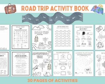 May include: A collection of printable road trip activity pages. The pages feature various games and activities, including I Spy, scavenger hunts, and license plate games. The cover art includes a suitcase, road, and map.