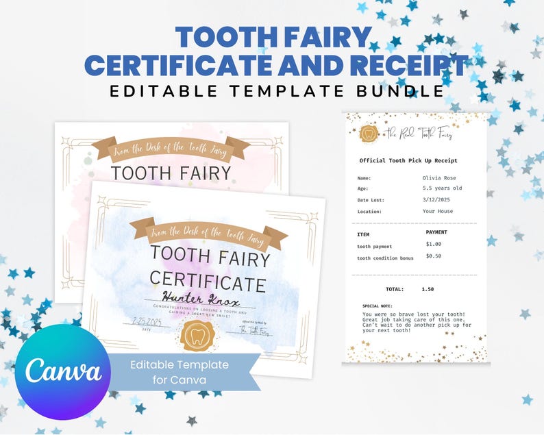 Tooth Fairy Certificate & Receipt Template for Boys (canva Editable) - Etsy