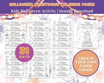 Halloween Countdown, Paper Chain, Halloween Coloring Pages, October Craft, Printable Halloween Activity, Kids Activity, Kids Halloween Decor