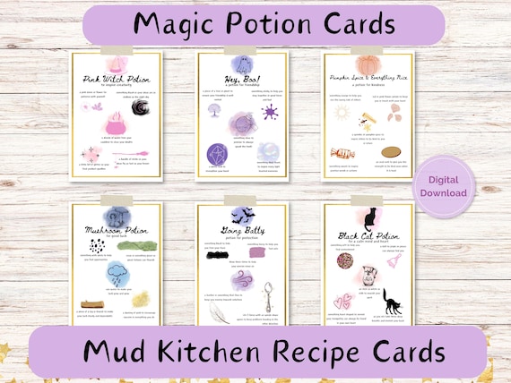 Potion Cards, Magic Potions, Printable Mud Kitchen Recipes, Kids Sensory Activity, Potion Play, Outdoor Play, Kids Mindfulness Activity