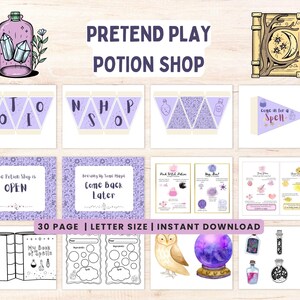 May include: A collection of printable pretend play potion shop materials. Includes banners, signs, and recipe pages. The text includes "PRETEND PLAY POTION SHOP", "The Potion Shop is OPEN", and "Come Back Later".