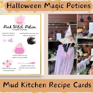 Karty z miksturami na Halloween, magiczne mikstury, przepisy na dania z błota do druku, aktywności dla dzieci na Halloween, zabawa miksturami, zabawa na świeżym powietrzu, uważność dla dzieci