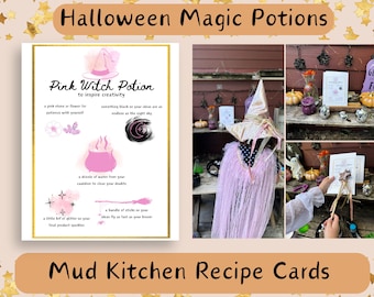 Halloween Potion Cards, Magic Potions, Printable Mud Kitchen Recipes, Kids Halloween Activity, Potion Play, Outdoor Play, Kids Mindfulness