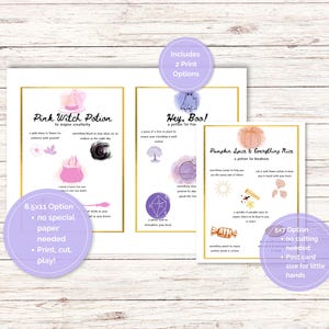 May include: Two printable Halloween activity sheets. The first sheet is titled "Pink Witch Potion" and features a cauldron, a broom, a crystal, a flower, and a black orb. The second sheet is titled "Pumpkin Spice & Everything Nice" and features a pumpkin, a cinnamon stick, a candy, a sun, and a flower. Both sheets include instructions for a potion-making activity.