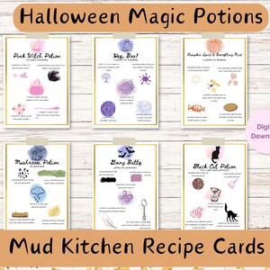 Halloween Potion Cards, Magic Potions, Printable Mud Kitchen Recipes, Kids Halloween Activity, Potion Play, Outdoor Play, Kids Mindfulness