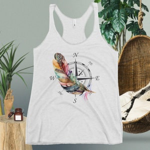 Top de plumas, brújula náutica, ropa activa, moda alternativa, camiseta sin mangas hippie, camiseta sin mangas bohemia, camisetas sin mangas de yoga, ropa de entrenamiento, tabla de tallas