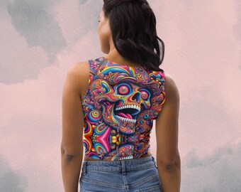 Trippy Skull Crop Top: Psychedelic Rave Festival Clothing