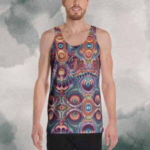 May include: A colorful tank top with a psychedelic design. The sleeveless shirt features a vibrant pattern of circles, eyes, and abstract shapes in shades of blue, purple, orange, and green. The tank top is worn by a person.
