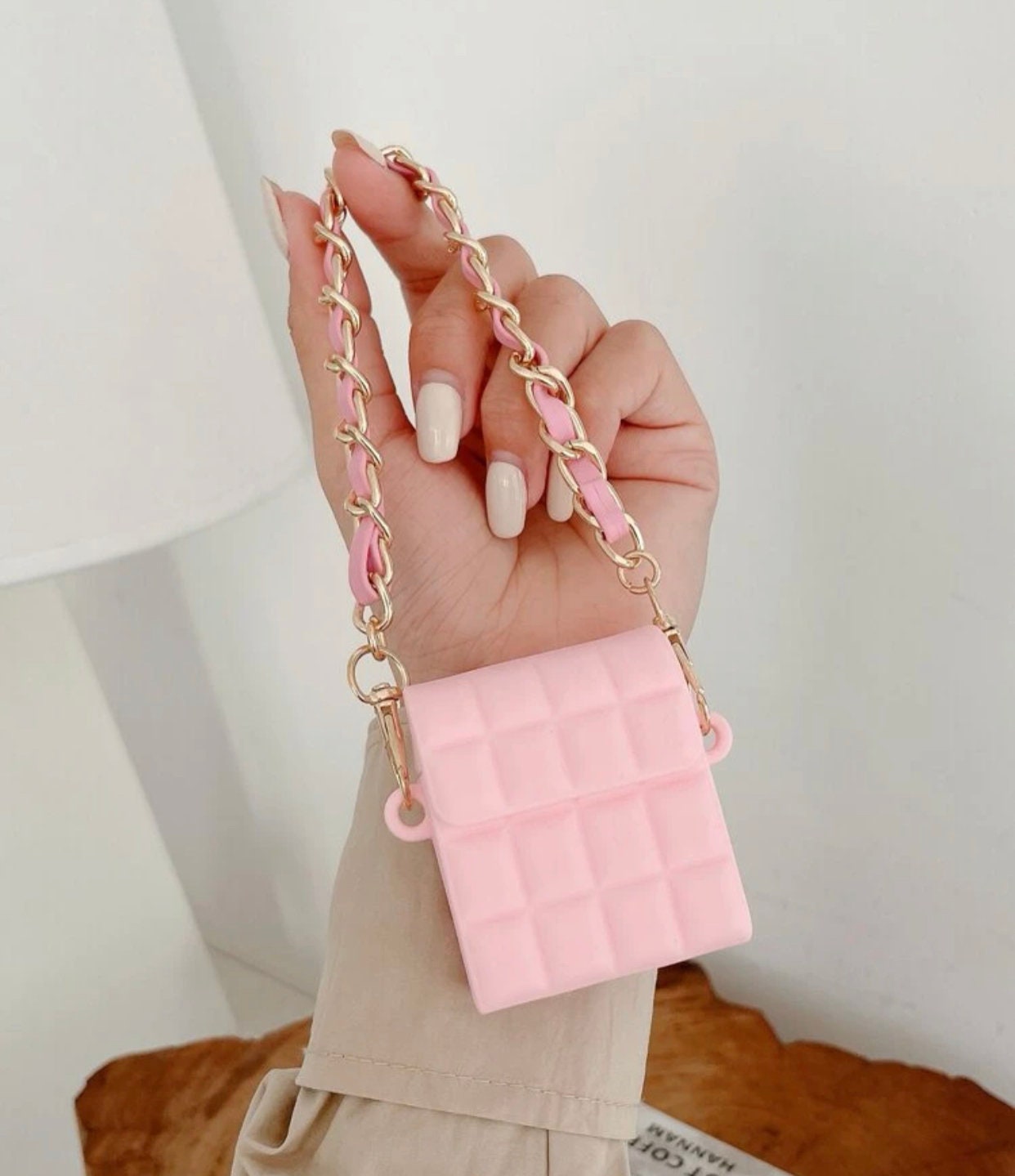 Designer AirPod Case Holder Gold Chain Key Quilted Pink Leather