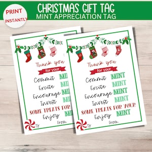 May include: Two Christmas gift tags with a green border and festive decorations. The tags read "Christmas Gift Tag" and "Mint Appreciation Tag." Each tag includes text that says "Thank you for your..." and "Some treats for your mint."