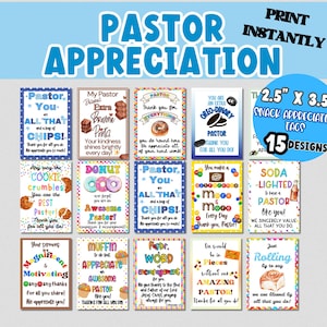 Op de afbeelding: Een verzameling van 15 snack waardering tags met diverse ontwerpen en tekst, waaronder zinnen als "Pastor Appreciation" en "Thank you." Elke tag is ongeveer 6,35 x 8,89 cm groot.