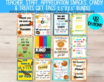 Candy & Snacks Appreciation Gift Tags Bundle: Teacher, Staff, Employee (Digital Download)