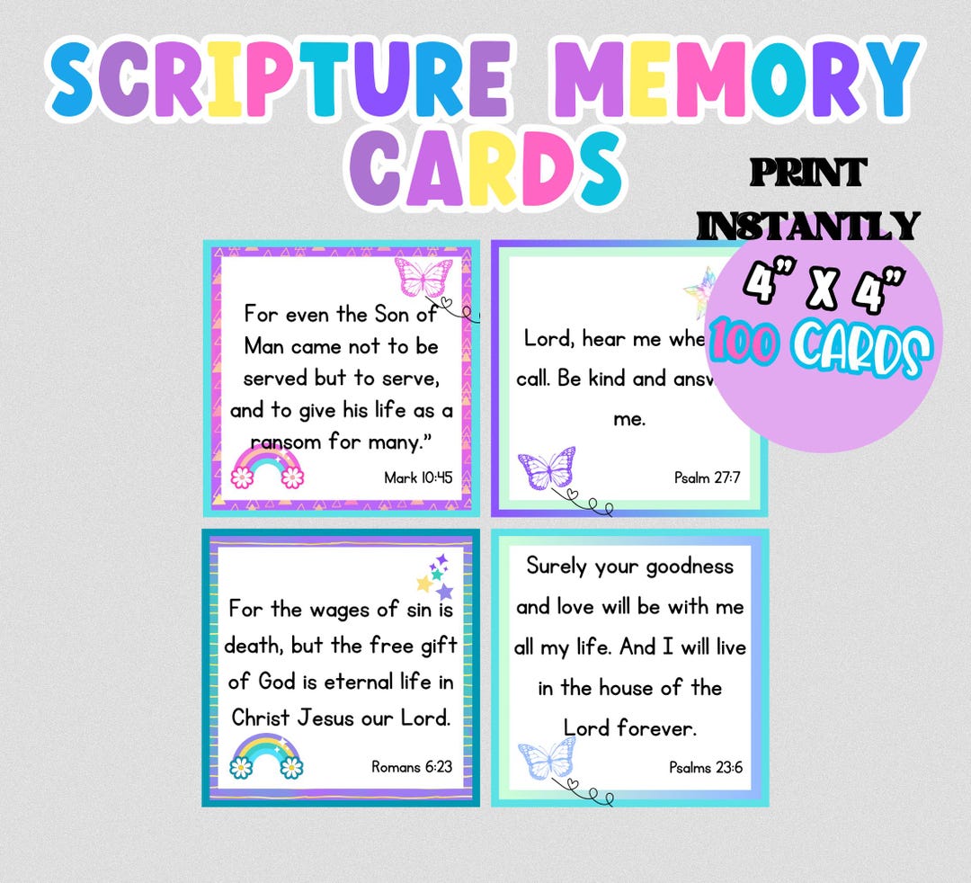 Christian Scripture Memory Cards for Kids, 100 Verse Notes (digital ...