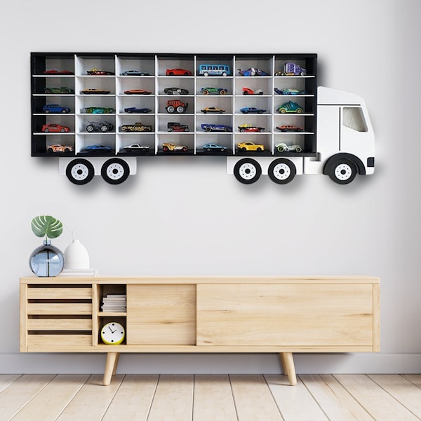 Stockage pour modèle de vecteur de voiture, camion en bois, étagère en bois, vitrine, stockage de jouets, salle de jeux, support, décoration murale, organisateur, CDR et DXF