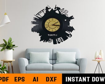Tokyo City Wall Clock Vector File, decal papercut  template,wall decor,| CNC File, Laser Cutting File | Dxf, Svg, Jpg, Cdr, Eps Vector