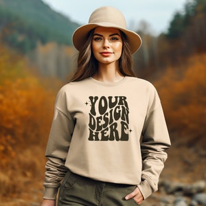 Gildan Sand 18000 Mockup | Gildan Sand Sweater Mock up | Oversized Sweatshirt Model Mockup | Gildan G180 Mockup | Hiking Outdoor Mockups