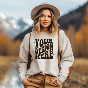 Gildan Sand 18000 Mockup | Gildan Sand Sweater Mock up | Oversized Sweatshirt Model Mockup | Gildan G180 Mockup | Hiking Outdoor Mockups