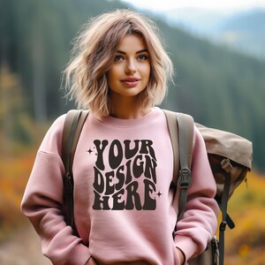 Gildan Light Pink 18000 Mockup | Gildan Sweater Mock up | Oversized Sweatshirt Model Mockup | Gildan G180 Mockup | Hiking Outdoor Mockup
