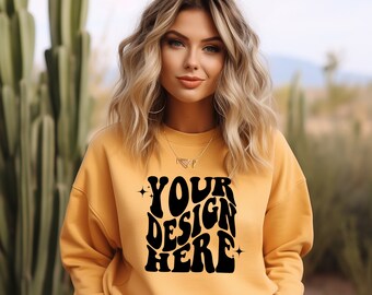 Gildan Gold 18000 Mockup | Gildan Sweater Mock up | Oversized Sweatshirt Model Mockup | Gildan G180 Mockup | Desert Western Fall Gold 18000